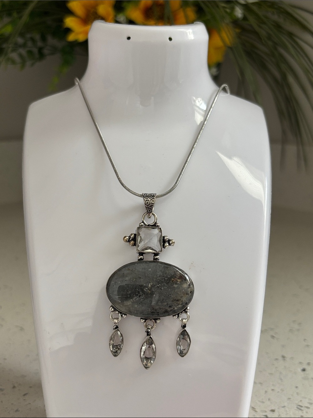 Sterling Silver Black Adventure & White Topaz Gemstone Pendant Necklace
